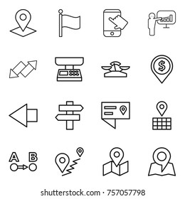 Thin line icon set : pointer, flag, touch, presentation, up down arrow, market scales, dollar pin, left, singlepost, location details, map, route a to b