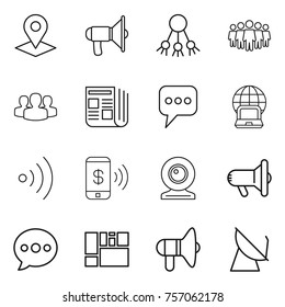 Thin line icon set : pointer, loudspeaker, share, team, group, newspaper, message, notebook globe, wireless, phone pay, web cam, megafon, balloon, consolidated cargo, satellite antenna