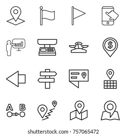 Thin line icon set : pointer, flag, touch, presentation, market scales, dollar pin, left arrow, singlepost, location details, map, route a to b