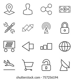 Thin line icon set : pointer, man, share, money, pencil wrench, up down arrow, antenna, lock, delivery, left, sorting, globe, arrival, cart, unlocked, satellite
