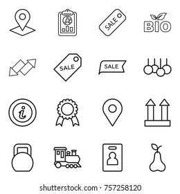 Thin line icon set : pointer, report, sale, bio, up down arrow, label, info, medal, geo pin, cargo top sign, heavy, train, identity card, pear