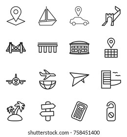 Thin line icon set : pointer, boat, car, greate wall, bridge, airport building, map, plane, shipping, deltaplane, hotel, island, signpost, inflatable mattress, do not distrub