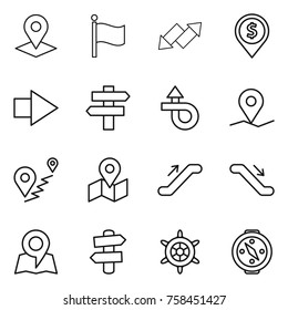 Thin line icon set : pointer, flag, up down arrow, dollar pin, right, singlepost, trip, geo, route, map, escalator, signpost, handwheel, compass