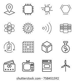 Thin line icon set : pointer, chip, hex molecule, atom, sun power, wireless, server, battery charge, cpu, 3d, chemical, credit card, tv, oven, windmill