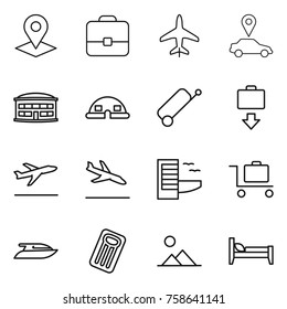 Thin line icon set : pointer, portfolio, plane, car, airport building, dome house, suitcase, baggage get, departure, arrival, hotel, trolley, yacht, inflatable mattress, landscape, bed