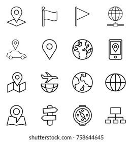 Thin line icon set : pointer, flag, globe connect, car, geo pin, mobile location, map, plane shipping, earth, signpost, compass, hierarchy