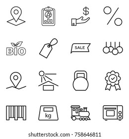 Thin line icon set : pointer, report, investment, percent, bio, label, sale, geo pin, sun potection, heavy, medal, bar code, train, grill oven