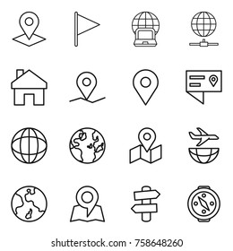 Thin line icon set : pointer, flag, notebook globe, connect, home, geo pin, location details, map, plane shipping, earth, signpost, compass