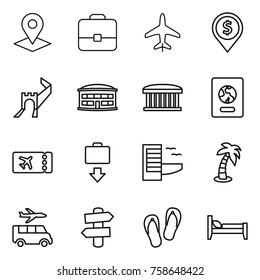 Thin line icon set : pointer, portfolio, plane, dollar pin, greate wall, airport building, passport, ticket, baggage get, hotel, palm, transfer, signpost, flip flops, bed