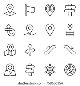 Thin line icon set : pointer, flag, dollar pin, singlepost, trip, geo, map, route, escalator, signpost, handwheel, compass