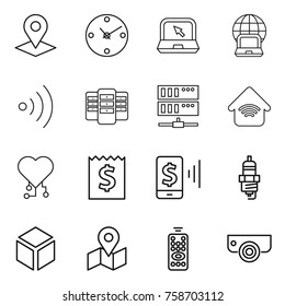 Thin line icon set : pointer, clock, notebook, globe, wireless, server, home, cardio chip, receipt, mobile pay, spark plug, 3d, map, remote control, surveillance camera