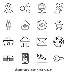 Thin line icon set : pointer, share, globe connect, satellite antenna, smart watch, wireless home, crypto currency, add to cart, delete, mail, money, mobile location, arrival, key