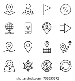Thin line icon set : pointer, share, flag, percent, globe connect, phone wireless, dollar pin, right arrow, geo, map, route, handwheel, compass, reload