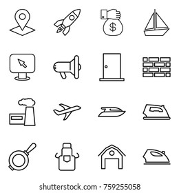 Thin line icon set : pointer, rocket, money gift, boat, monitor arrow, megafon, door, brick wall, factory, plane, yacht, iron, pan, apron, barn