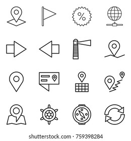Thin line icon set : pointer, flag, percent, globe connect, right arrow, left, lighthouse, geo pin, location details, map, route, handwheel, compass, reload