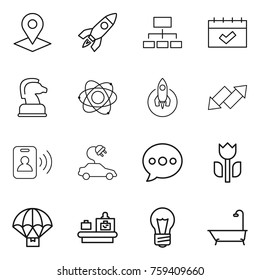 Thin line icon set : pointer, rocket, hierarchy, calendar, chess horse, atom, up down arrow, pass card, electric car, balloon, perishable, parachute delivery, baggage checking, bulb, bath