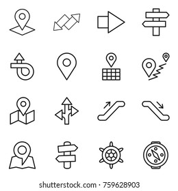 Thin line icon set : pointer, up down arrow, right, singlepost, trip, geo pin, map, route, escalator, signpost, handwheel, compass