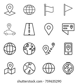 Thin line icon set : pointer, globe, flag, car, road, geo pin, location details, route, mobile, map, earth, compass