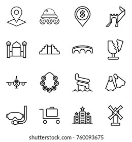 Thin line icon set : pointer, lunar rover, dollar pin, greate wall, minaret, pyramid, bridge, broken, plane, hawaiian wreath, aquapark, flippers, diving mask, baggage trolley, hotel, windmill