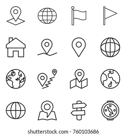 Thin line icon set : pointer, globe, flag, home, geo pin, route, map, earth, signpost, compass