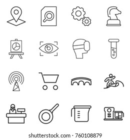 Thin line icon set : pointer, search document, gear, chess horse, presentation, eye identity, virtual mask, vial, antenna, cart, bridge, surfer, reception, pan, measuring cup, food processor