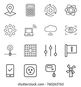 Thin line icon set : pointer, calculator, around gear, atom, round, notebook wireless, cloud, eye identity, laser, cpu, equalizer, important flag, mobile checking, power socket, mixer, windmill
