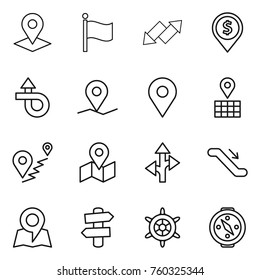 Thin line icon set : pointer, flag, up down arrow, dollar pin, trip, geo, map, route, escalator, signpost, handwheel, compass