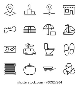 Thin line icon set : pointer, pedestal, laser, shop, bone, money, insurance, sail boat, check in, transfer, toilet, slippers, towels, tomato, trailer, recycling