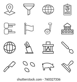 Thin line icon set : pointer, funnel, globe, report, diagram, flag, cottage, stands for knives, fireplace, big spoon, chef knife, seeds, pig, scraper