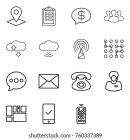 Thin line icon set : pointer, clipboard, money message, group, cloude service, cloud wireless, antenna, chip, balloon, mail, phone, support manager, consolidated cargo, mobile checking