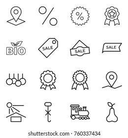 Thin line icon set : pointer, percent, medal, bio, sale label, geo pin, sun potection, do not hook sign, train, pear