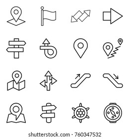 Thin line icon set : pointer, flag, up down arrow, right, singlepost, trip, geo pin, route, map, escalator, signpost, handwheel, compass