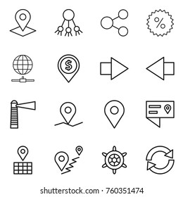 Thin line icon set : pointer, share, percent, globe connect, dollar pin, right arrow, left, lighthouse, geo, location details, map, route, handwheel, reload