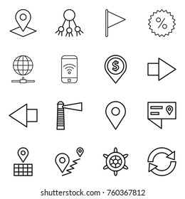 Thin line icon set : pointer, share, flag, percent, globe connect, phone wireless, dollar pin, right arrow, left, lighthouse, geo, location details, map, route, handwheel, reload