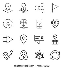 Thin line icon set : pointer, share, flag, percent, globe connect, phone wireless, dollar pin, right arrow, geo, location details, map, route, handwheel, reload