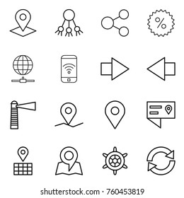 Thin line icon set : pointer, share, percent, globe connect, phone wireless, right arrow, left, lighthouse, geo pin, location details, map, handwheel, reload