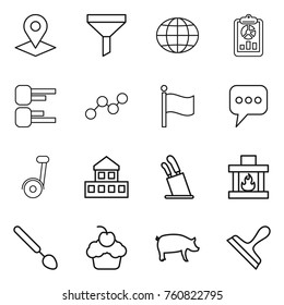 Thin line icon set : pointer, funnel, globe, report, diagram, graph, flag, message, segway, cottage, stands for knives, fireplace, big spoon, cupcake, pig, scraper