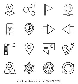 Thin line icon set : pointer, share, flag, globe connect, phone wireless, dollar pin, right arrow, left, lighthouse, geo, location details, route, map, handwheel, compass, reload