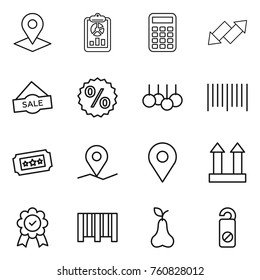 Thin line icon set : pointer, report, calculator, up down arrow, sale, percent, bar code, ticket, geo pin, cargo top sign, medal, pear, do not distrub