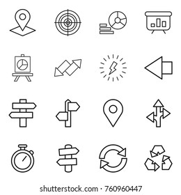 Thin line icon set : pointer, target, diagram, presentation, up down arrow, lightning, left, singlepost, signpost, geo pin, route, stopwatch, reload, recycling