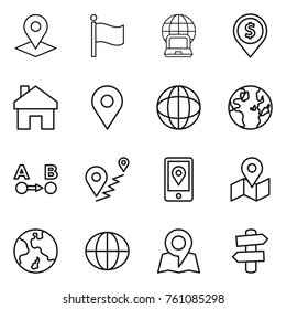 Thin line icon set : pointer, flag, notebook globe, dollar pin, home, geo, route a to b, mobile location, map, earth, signpost