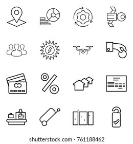 Thin line icon set : pointer, diagram, around gear, satellite, group, sun power, drone, hand coin, credit card, percent, houses, invoice, baggage checking, suitcase, clean window, please