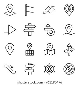 Thin line icon set : pointer, flag, up down arrow, dollar pin, right, singlepost, trip, geo, map, route, escalator, signpost, handwheel, compass