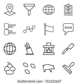 Thin line icon set : pointer, funnel, globe, report, diagram, graph, flag, message, stands for knives, fireplace, chef knife, cupcake, seeds, pig, scraper