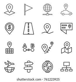 Thin line icon set : pointer, flag, globe connect, car, dollar pin, road, geo, location details, map, route a to b, plane shipping, signpost, compass, hierarchy