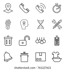 Thin line icon set : pointer, phone, call, stopwatch, bulb, head, dna, pencil wrench, bin, unlock, sale, remote control, bell, pan, package, handle washing
