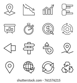 Thin line icon set : pointer, crisis, diagram, presentation, stopwatch, dollar arrow, around gear, left, singlepost, trip, geo pin, delivery, reload, recycling