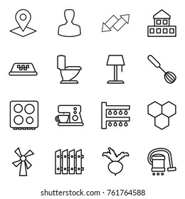 Thin line icon set : pointer, man, up down arrow, cottage, taxi, toilet, floor lamp, whisk, hob, coffee maker, watering, honeycombs, windmill, fence, beet, vacuum cleaner