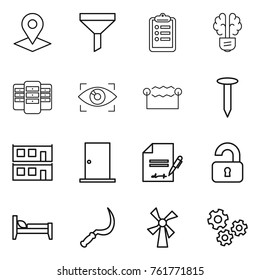 Thin line icon set : pointer, funnel, clipboard, bulb brain, server, eye identity, electrostatic, nail, modular house, door, inventory, unlocked, bed, sickle, windmill, gears