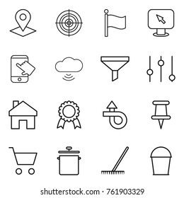 Thin line icon set : pointer, target, flag, monitor arrow, touch, cloud wireless, funnel, equalizer, home, medal, trip, pin, cart, pan, rake, bucket